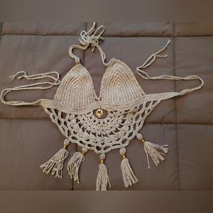 Grey Crocheted top with jewels. Handmade. Size small